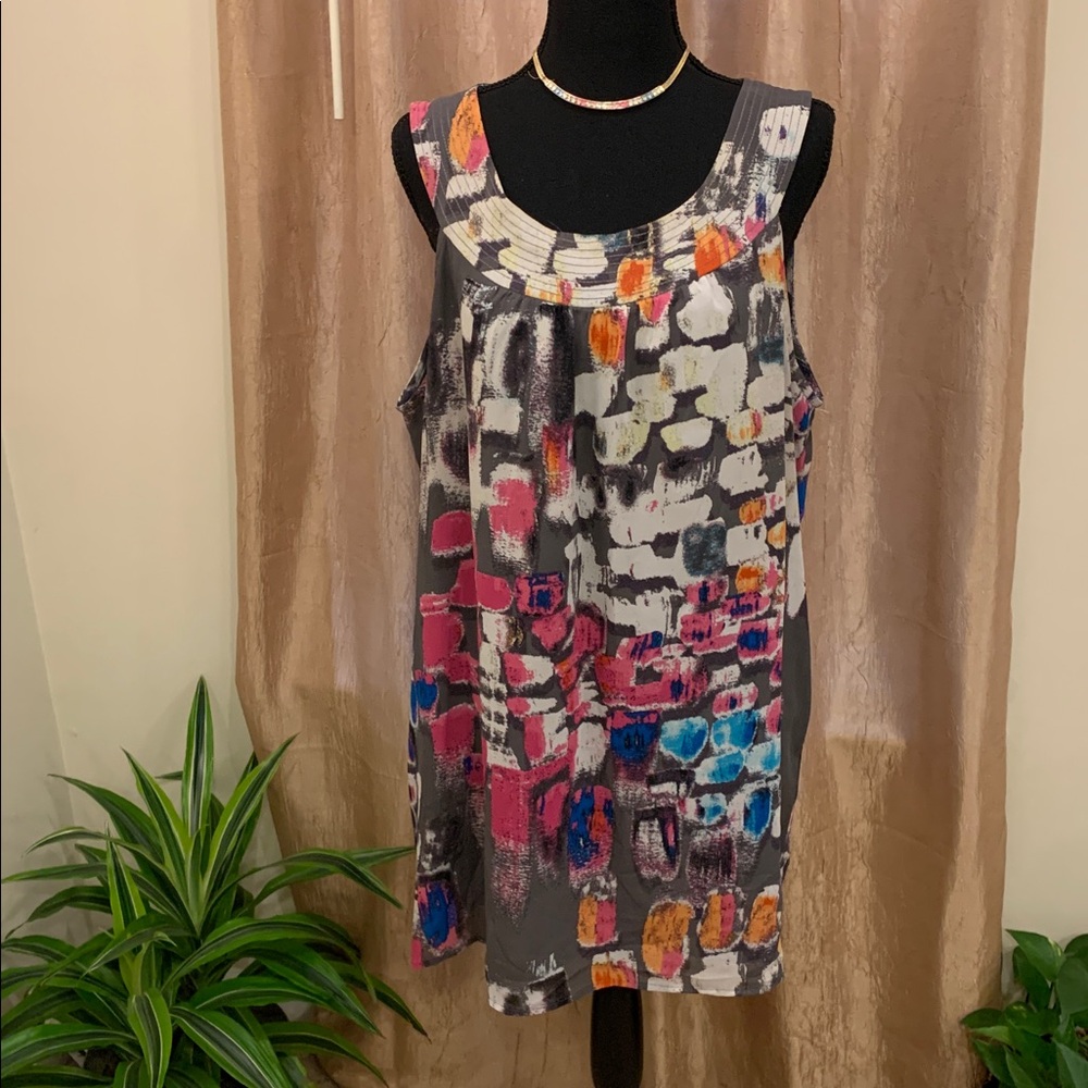 🌹VINTAGE Lane Bryant • Gray Abstract Print Sleeveless Tunic Pink & Blue Accents